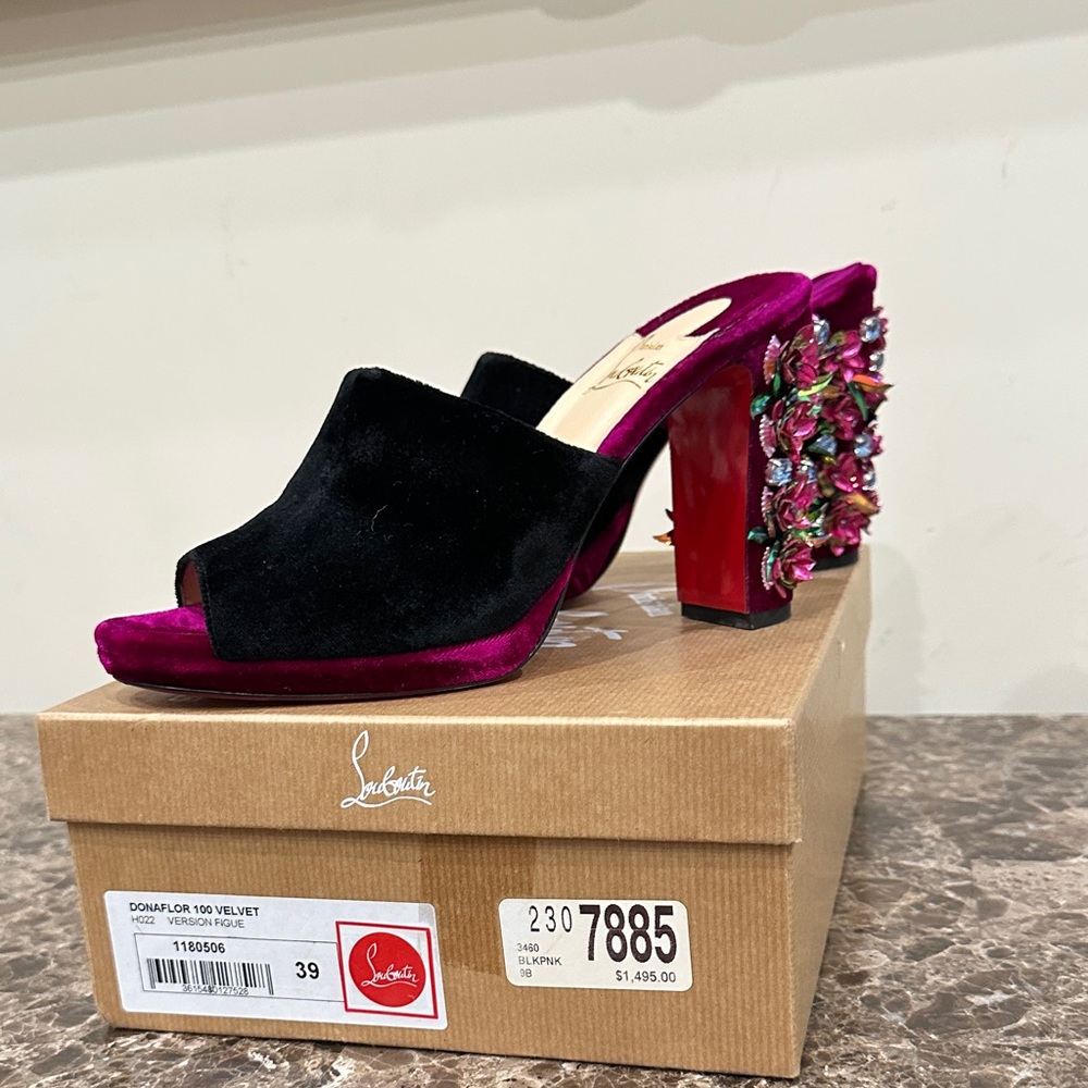Christian Louboutin Black and Fuchsia Velvet Mules